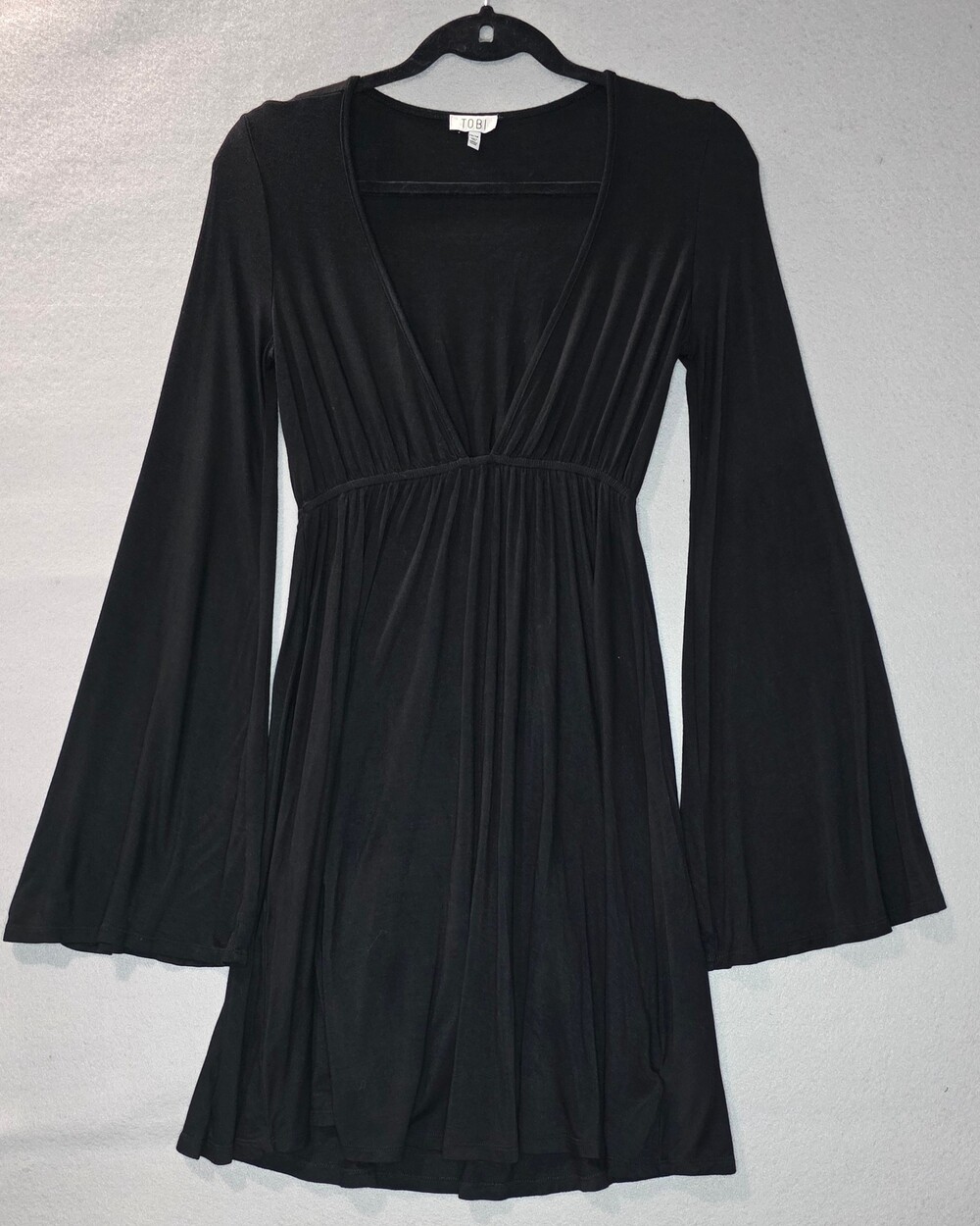 Tobi Black Bell Sleeve Plunge Dress XS | Whimsigoth Witchy 70s Boho Y2K LBD